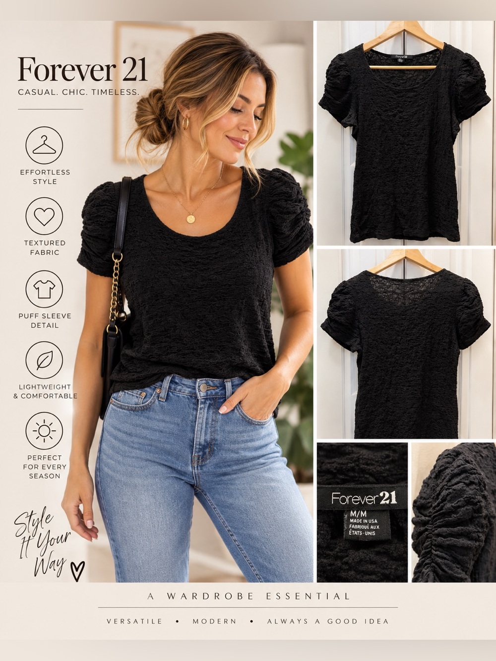 Forever 21 Black Textured Ruched Puff Sleeve Top Size Medium